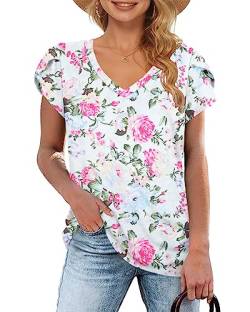 WNEEDU Damen Oberteile Tshirt V Ausschnitt Sommer Kurzarm Top Rosa S von WNEEDU