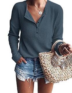 WNEEDU Damen Pullover V-Ausschnitt Oberteile Langarm Waffelstrick Henley Shirt von WNEEDU