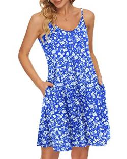 WNEEDU Damen Sommer Spaghetti Träger Kleid Floral Blau Weiß XL von WNEEDU