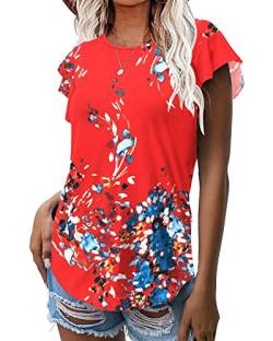 WNEEDU Damen Sommer Tops T-Shirts Rüschen Kurzarm Oberteile Freizeitblusen Hemden(Floral Orange,M) von WNEEDU