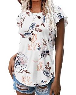 WNEEDU Damen Sommer Tops T-Shirts Rüschen Kurzarm Oberteile Freizeitblusen Hemden(Floral Weiß,XL) von WNEEDU