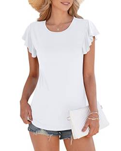 WNEEDU Damen Sommer Tops T-Shirts Rüschen Kurzarm Oberteile Freizeitblusen Hemden(Weiß,L) von WNEEDU