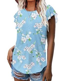 WNEEDU Damen Sommer Tops T-Shirts Rüschen Kurzarm Rundhalsausschnitt Freizeitblusen Hemden(Blumen Hellblau,XL) von WNEEDU