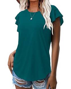 WNEEDU Damen Sommer Tops T-Shirts Rüschen Kurzarm Rundhalsausschnitt Freizeitblusen Hemden(Dunkelgrün,XL) von WNEEDU
