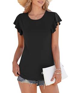 WNEEDU Damen Sommer Tops T-Shirts Rüschen Kurzarm Rundhalsausschnitt Freizeitblusen Hemden(Schwarz,L) von WNEEDU