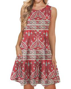 WNEEDU Damen lässig Sommerkleid Ärmelloses Tank Strandkleider T-Shirt Kleid mit Taschen Boho Floral Rot L von WNEEDU