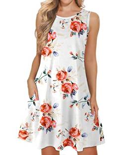 WNEEDU Damen lässig Sommerkleid Ärmelloses Tank Strandkleider T-Shirt Kleid mit Taschen Rose Weiß 2XL von WNEEDU