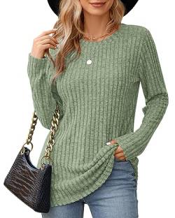 WNEEDU Grün Frauen Langarm-Pullover Rundhalsausschnitt Damen Tunika Tops Leichtgewicht Casual Sweatshirt Erbsengrün M von WNEEDU