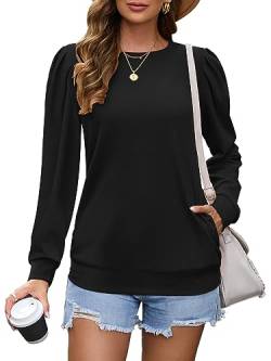 WNEEDU Langarmshirts für Damen Rundhalsausschnitt Plissee Ärmel Oberteile Langärmeliges Pullover mit Taschen Schwarz XL von WNEEDU