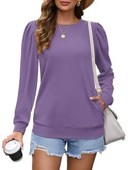 WNEEDU Oberteile Damen Rundhalsausschnitt Langarmshirts Plissee Ärmel Pullover Herbst mit Taschen mit Taschen Violett XL von WNEEDU