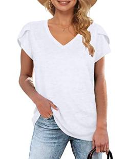 WNEEDU Oberteile Damen Sommer Top V Ausschnitt Basic Kurzarm T Shirt Weiß S von WNEEDU