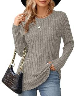 WNEEDU Pullover Damen Langarm Tops Rundhalsausschnitt Casual Shirts Weiches Leichtgewicht Tunika Sweatshirt Aprikose 2XL von WNEEDU