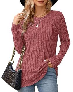 WNEEDU Rot Frauen Langarm-Pullover Rundhalsausschnitt Damen Tunika Tops Leichtgewicht Casual Sweatshirt L von WNEEDU