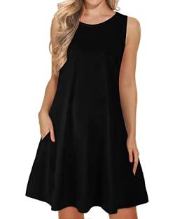 WNEEDU Schwarz Damen lässig Sommerkleid Ärmelloses Tank Strandkleider T-Shirt Kleid mit Taschen Schwarz M von WNEEDU