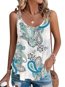 WNEEDU Sommer Tops Damen Rundhalsausschnitt Spaghetti Tank Top Ärmellose Cami Oberteile Shirts Floral Blau Weiß M von WNEEDU