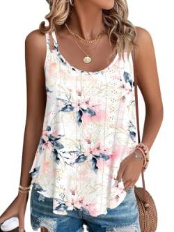 WNEEDU Sommer Tops Damen Rundhalsausschnitt Spaghetti Tank Top Ärmellose Cami Oberteile Shirts Weiß Rosa Blume S von WNEEDU