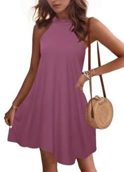 WNEEDU Sommerkleider Damen Kurze Strandkleider Neckholder Ärmelloses A-Linie Freizeitkleid mit Taschen,Mauve L von WNEEDU