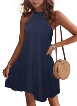 WNEEDU Sommerkleider Damen Kurze Strandkleider Neckholder Ärmelloses A-Linie Freizeitkleid mit Taschen,Navy Blau L von WNEEDU