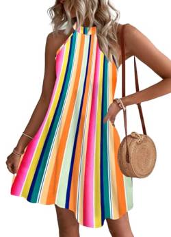 WNEEDU Sommerkleider Damen Kurze Strandkleider Neckholder Ärmelloses A-Linie Freizeitkleid mit Taschen,Regenbogenstreifen L von WNEEDU