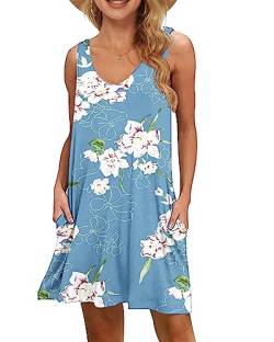 WNEEDU Strandkleid für Damen Sommer Casual Swing Kleid Ärmelloses Tank Minikleider Mit Taschen(Blumen Hellblau,2XL) von WNEEDU