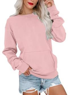 WNEEDU Sweatshirt Damen Leichtes Langärmlige Damen Tshirts Herbstoutfits Lässig Bluse Damen mit Känguru Tasche Rosa XL von WNEEDU