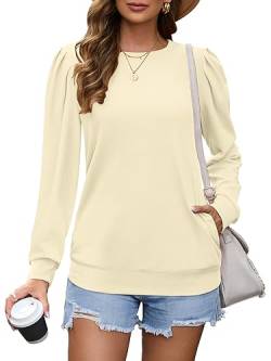WNEEDU Sweatshirt Damen Rundhalsausschnitt Langärmlige Damen Tshirts Herbstoutfits mit Taschen Beige XL von WNEEDU