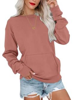 WNEEDU Sweatshirt Damen Rundhalsausschnitt Langarmshirts Herbstoutfits Lässig Bluse Damen mit Känguru Tasche Orange Pink 2XL von WNEEDU