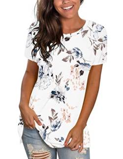 WNEEDU Tshirt Damen Kurzarm T Shirt Sommer Rundhals Top Blumenweiß M von WNEEDU