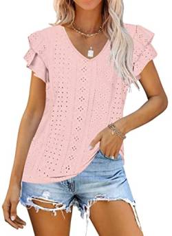 WNEEDU T Shirt Damen Sommer Top Rüschenärmel Kurzarm Bluse Elegant V Ausschnitt Oberteile Pink M von WNEEDU
