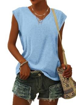 WNEEDU T Shirt Damen V Ausschnitt Cap Sleeve T-Shirt Tank Top Damen Sommer Casual Loose Fit Blusen Himmelblau XL von WNEEDU