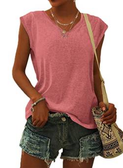 WNEEDU T Shirt Damen V Ausschnitt Cap Sleeve T-Shirt Tank Top Damen Sommer Casual Loose Fit Blusen Koralle XL von WNEEDU