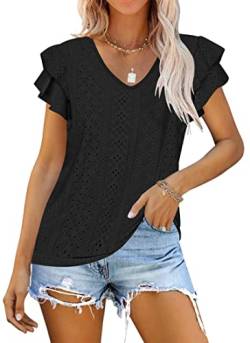 WNEEDU Top Damen Sommer Rüschenärmel Bluse Elegant V Ausschnitt Kurzarm Tshirt Oberteile Black L von WNEEDU