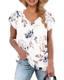 WNEEDU Top Damen Sommer T Shirt Kurzarm V Ausschnitt Elegant Oberteile Blumenweiß S von WNEEDU
