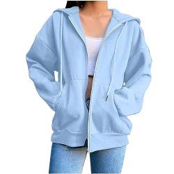 WOCACHI Damen-Kapuzenpullover mit Reißverschluss, übergroßes einfarbiges Sweatshirt mit Tasche, lässige Langarm-Herbstjacken Rollkragenpullover Hellblau Damen (Light Blue, XXXL) von WOCACHI