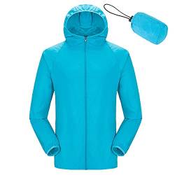 WOGQX Wasserdichte Fahrradjacke für Damen und Herren, Atmungsaktiver Packbare Laufjacke, Radfahren Jacke Kapuze Regenmantel Outdoor Sport Windjacke,Sky blue,M von WOGQX