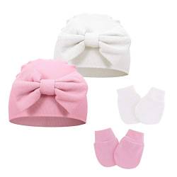 Sunowo Baby Mütze Set Neugeborenen Baumwolle Mütze und Kratzfäustlinge Set Bowknot Beanie Hut Unisex Kleinkind Mütze Baby Jungen Mädchen for 0-6 Monate von WOIRROIP