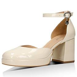 WOJAS - Damen Pumps I aus Lackleder Gefertigt I mit Breitem Blockabsatz I Ausfütterung aus 2 Hochwertigen Lederarten I Dekorative Logo-Anhänger I 35084-34 - Beige, Gr. 39 von WOJAS