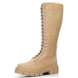 WOJAS - Damen Stiefel I mit Effektvolle Schnürung I aus Angenehmem Spaltvelours I Futter aus Vliesstoff I Massive Laufsohle I Damenstiefel für Herbstwetter I 71019-64 - Beige, Gr. 39 von WOJAS