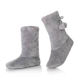 WOJWSKI Damen Hausschuhe Socken Gemütlich Warm Fuzzy Gefüttert Hausschuhe Stiefel mit Greifer Indoor Hausschuhe Haus Booties, Grau, 5-7.5 von WOJWSKI