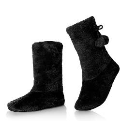 WOJWSKI Damen Hausschuhe Socken Gemütlich Warm Fuzzy Gefüttert Hausschuhe Stiefel mit Greifer Indoor Hausschuhe Haus Booties, Schwarz, 5 von WOJWSKI