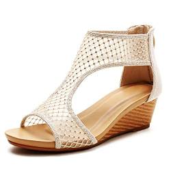 WOJWSKI Sandalen Damen Keilsandalen elegant keilabsatz Frauen Low Heel Sommer Bohemia mit absatz offener Zeh (Gold11, adult, women, numeric_40, numeric, eu_footwear_size_system, medium) von WOJWSKI