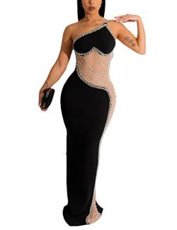 WOKANSE Damen Abend Strass Bodycon Maxi Kleid Sexy Mesh Durchsichtig Club Lange Kleider, 6-schwarz, Groß von WOKANSE