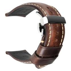 WOMELF Armband mit Schmetterlingsschnalle, Lederarmband, 18–26 mm, Kalbsleder, Uhrenarmband, Zubehör, Armbänder (Color : Dark Brown, Size : 22mm) von WOMELF