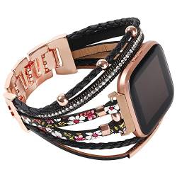 Posh Lederarmbänder kompatibel mit Fitbit Versa/Fitbit Versa Lite/Fitbit Versa 2 Armbänder für Frauen, handgefertigt, mehrschichtig, Schmuckarmband, Armband für Versa Smartwatch (schwarz/rosa) von WONMILLE