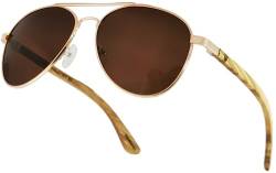 WOO LANDO Holz Sonnenbrillen für Herren & Damen - polarisierte Pilotenbrille mit Holzbügeln/UV400-Schutz/Federscharnieren (BROWNIE 1) von WOO LANDO