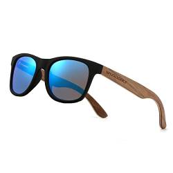 WOODONLY Holz Retro Polarisierte Sonnenbrille - Cooler Stil Mattes Rahmen Perfekte Geschenke für Damen und Herren (Walnuss blau) von WOODONLY