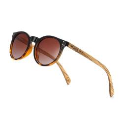 WOODONLY Holz Runde Polarisierte Sonnenbrille - Mode Holz Sonnenbrille für Damen und Herren Perfekte Geschenke (Zebrano, Braun) von WOODONLY