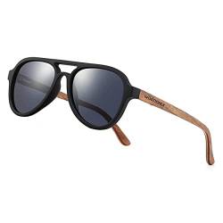 WOODONLY Pilotenbrille Holz Polarisierte Sonnenbrille - Mode Stil Hölzerne Shades für Herren und Damen Perfekte Geschenke (Schwarz+Walnuss) von WOODONLY