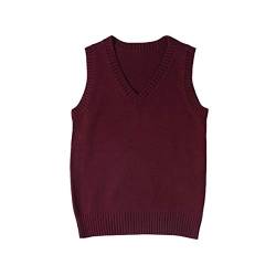 WOOKIT Damen Mädchen Jungen Ärmellose Pullunder, Unisex V-Ausschnitt Baumwolle Strickpullover Westen, 12 Farben Retro Pullover Strickweste für Herbst Frühling Winter-Rotwein-S von WOOKIT