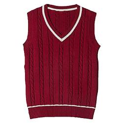 WOOKIT Strickpullover Gestrickte Gilets Pullover Klassische Schule Ärmellose Tank Westen Süße Uniform mit V-Ausschnitt-Rot-M von WOOKIT